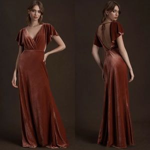 Jenny Yoo BHLDN Ellis Flutter Sleeve Open Back Velvet Gown Dress English Rose
